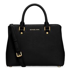 Medium Sized Bag; 11-1/2"W X 9"H X 4.5"D Interior Features Lining, Center Zip Compartment, 2 Open Compartments, 1 Open Pocket, 1 Zip Pocket And Key Chain 4"L Double Handles; 21"-24" Adjustable Shoulder Strap Magnetic Snap Closure Shiny Gold-Tone Hardware Met Saffiano Leather Black Saffiano Leather Satchel With Gold-tone Hardware, Michael Kors Classic Office Satchel, Classic Michael Kors Satchel For Office, Classic Michael Kors Office Bags, Classic Michael Kors Satchel For Shopping, Classic Satchel With Branded Hardware In Saffiano Leather, Black Saffiano Leather Bag With Gold-tone Hardware, Classic Michael Kors Satchel With Detachable Strap, Classic Michael Kors Satchel For Business