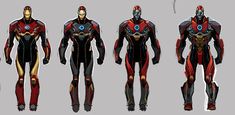 the concept art for iron man armor is shown in three different poses and looks like it could