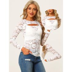 The allover sheer lace fabric of this long-sleeve top creates an alluring look, and it's sweetened up with crochet and floral lace detailing throughout. A feminine sheer lace paneled top with a cutout front is perfect for day-to-night looks. Add a blush of romantic charm to your everyday style with this long-sleeve mesh top with floral lace. This shirt is easy to pair with sleeveless dresses for warmth and cover-up, and it also can double as a layering piece during the cooler season. This stylis Stretch Long Sleeve Lace Top, Stretch Lace Long Sleeve Top, Long Sleeve Lace Top For Spring, Fitted Long Sleeve Lace Top, Long Sleeve Lace Tops With Lace Sleeves, White Long Sleeve Lace Top With Patchwork, Long Sleeve Lace Blouse With Lace Sleeves, White Long Sleeve Lace Patchwork Top, Long Sleeve Crochet Lace Top