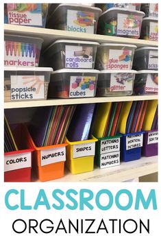 classroom organization with colorful bins and labels