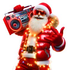 a man dressed as santa clause holding a boombox