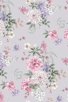 a floral wallpaper pattern with pink, purple and white flowers on a gray background