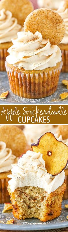 cupcakes with white frosting and apple slices on top