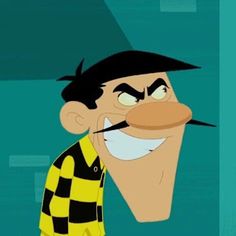 a cartoon character with black hair and a yellow striped shirt is looking at the camera