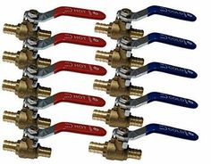 six red, blue and silver valves are lined up in the same row on a white background