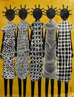 four black women standing in front of a yellow background with circles and lines on it