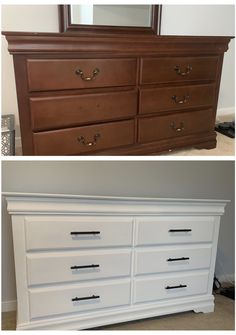 before and after photos of a white dresser with dark wood drawers, the bottom photo has been cleaned