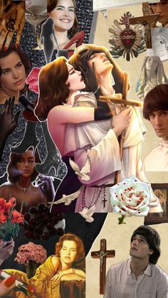 a collage of images with people and flowers on them, including an image of a woman holding a cross