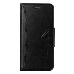 the black leather wallet case is open to show it's front and back sides