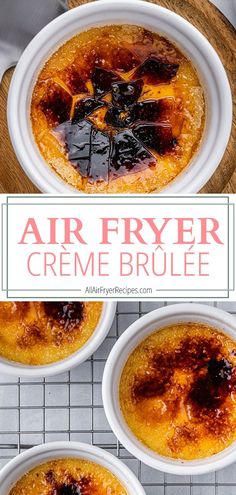 four bowls filled with creme brule on top of a wire rack next to a wooden cutting board