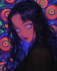 a woman with long black hair standing in front of colorful circles