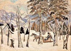 a painting of people and animals in the snow with trees on either side of them