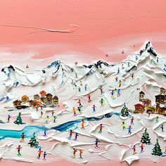 a painting of people skiing in the snow near a mountain with houses and trees on it