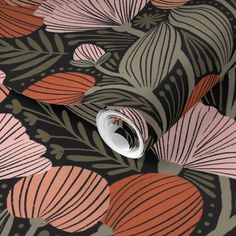 an abstract floral wallpaper with pink, orange and green leaves on black background in full color