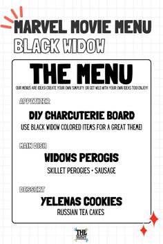 the menu for an upcoming movie is shown in black and white, with red stars