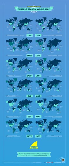 A surfing season map showing all the best surfspots worldwide. Download HIGH RES www.surfedukators.com/surfmap Kitesurfing, Windsurfing