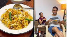 a man sitting in front of a plate of food next to a bowl of rice