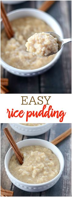 two bowls filled with rice pudding and cinnamon sticks