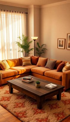 a living room with couches, coffee table and pictures on the wall above it