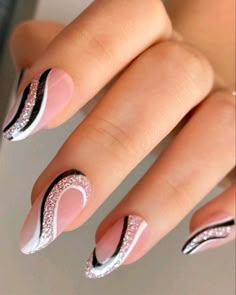 Neutral Nail Designs Sparkle, Bridemaid Nails Acrylic Almond, Cute Short Gel Nails Summer 2023, August Nail Designs 2023, Pretty Nails For Summer Simple, Striping Nail Art Designs, Black And White And Pink Nails, Black Shellac Nails Design, Press On Nails Art