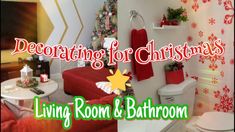 a living room and bathroom decorated for christmas