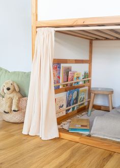 there is a bunk bed with books on the shelves and a stuffed animal in front of it