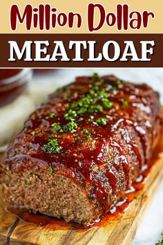 the meatloaf is covered in sauce and garnished with parsley