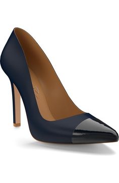 Shoes of Prey Cap Toe Pump (Women) available at #Nordstrom Dark Blue Pumps, Heels Dark Blue, Cap Toe Shoes, Shiny Shoes, Wide Heels, Wide Width Shoes, Blue Pumps, Wide Shoes, Heel Caps