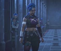 an image of a woman with blue hair walking down the street in front of other people