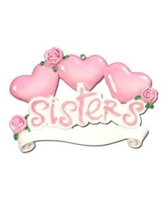 three pink hearts with roses and the word sisters written on them in cursive writing