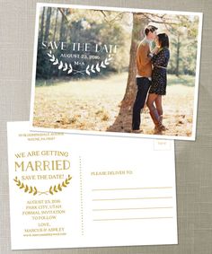 save the date postcard with an image of a couple kissing in front of a tree