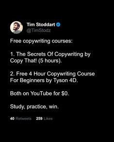 a twitter post with the caption for tim stoddart's free copywriter course