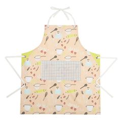 an apron that has various items on it and is hanging from the front with two white handles