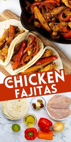 chicken fajitas with peppers and onions on the side