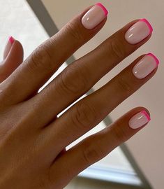 hot pink french tips with white base Colored French Tip Dip Nails, Classy Summer Dip Nails, Short Blush Nails, Pink Bachelorette Nails, Biab Nails Summer, Blushing Nails, Pink Tip Nails, Pink French Nails