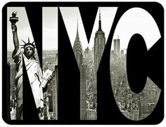 the word nyc in black and white is shown with an image of the statue of liberty