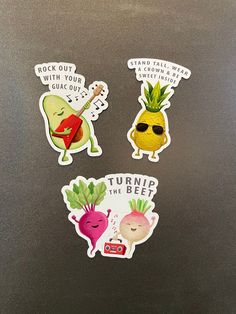 three stickers on the back of a refrigerator door that say turnip the beet