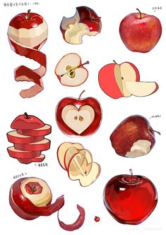 an image of apple slices and apples in different stages of being cut into smaller pieces