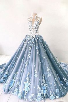 Ball Gown Sky Blue Tulle Prom Dress Floral Party Dress Blue Tulle Prom Dress, Lace Long Prom Dress, Prom Dress Blue, Flower Prom Dress, Floral Party Dress, Tulle Evening Dress, 파티 드레스, Blue Tulle, Dream Dresses