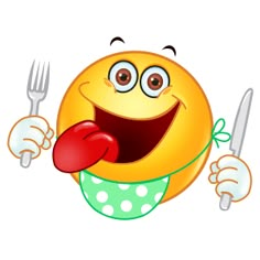 an emoticive smiley face holding a fork and knife