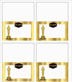 four golden frames with the words hollywood on them and an oscar statue in front of them