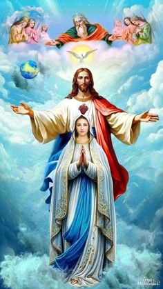 the immaculate mary and jesus surrounded by angels in the sky with clouds behind them,