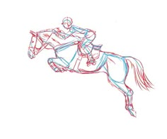 a drawing of a horse and rider jumping in the air with their legs spread out