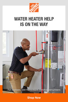 a man working on a water heater with the words water heat help is on the way