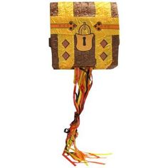 a yellow and brown bag with an animal on it's side, hanging from a string