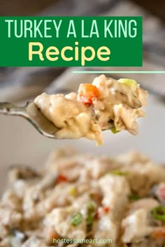 a spoon full of chicken salad on top of a plate with the words turkey la king recipe