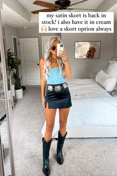 Satin Mini Skort curated on LTK Cute Outfit Skort, Country Concert Outfit Western, All Black Outfit Nashville, Austin Outfits Summer Going Out, Satin Skirt Western Outfit, Nashville Skirt Outfit, Fancy Nashville Outfit, Morgan Wallen Concert Outfit Women