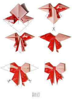 four different types of origami birds in red and pink colors, each with its own bow