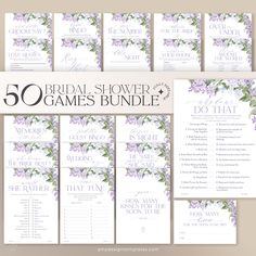 the 50 bridal shower games bundle is shown with purple flowers and greenery on it