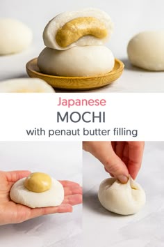 steps of making mochi with peanut butter filling Peanut Butter Mochi Recipe, Mochi Cookie Recipe, Peanut Butter Mochi, Peanut Mochi, Mochi Making, Butter Mochi Recipe, Mochi Cookies, Mochi Balls